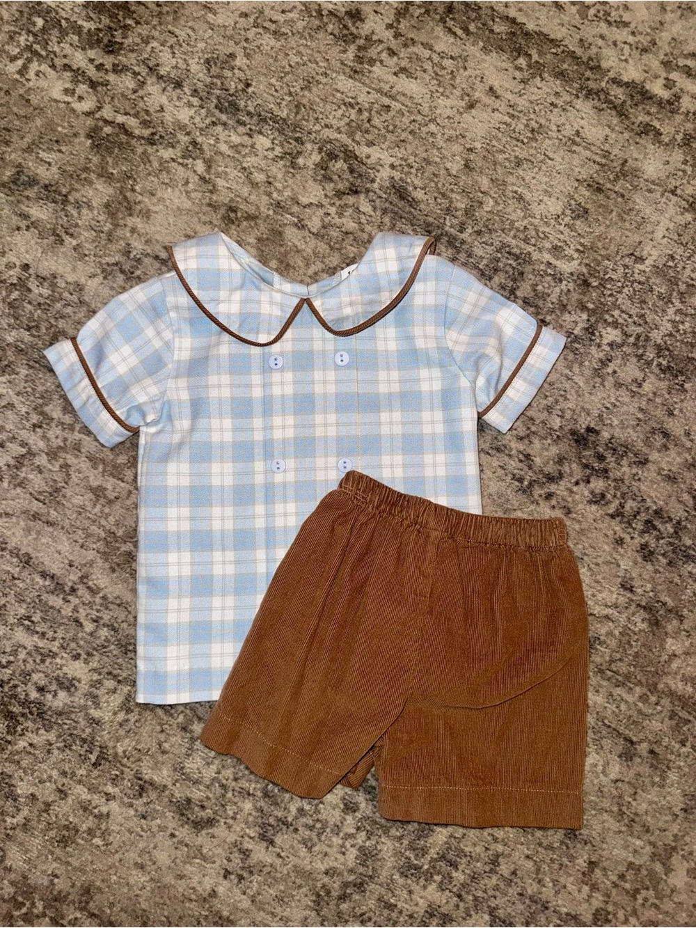 Peter Pan Collar Blue Plaid & Brown Shorts Kids Set